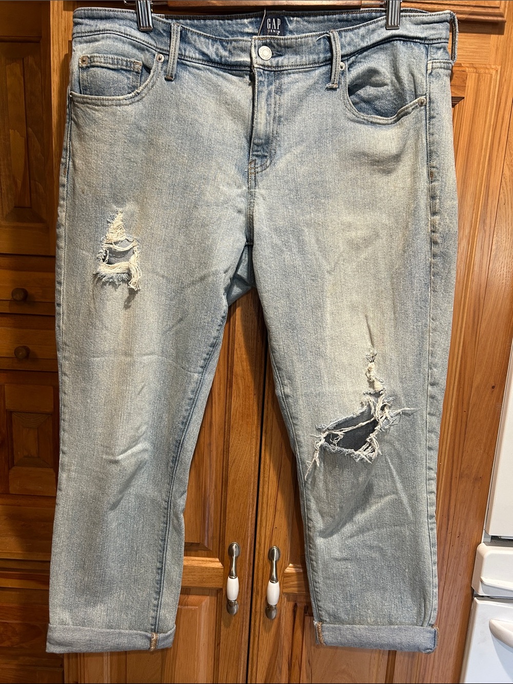 Gap girlfriend blue medium destroy jeans; 32 or women’s 14